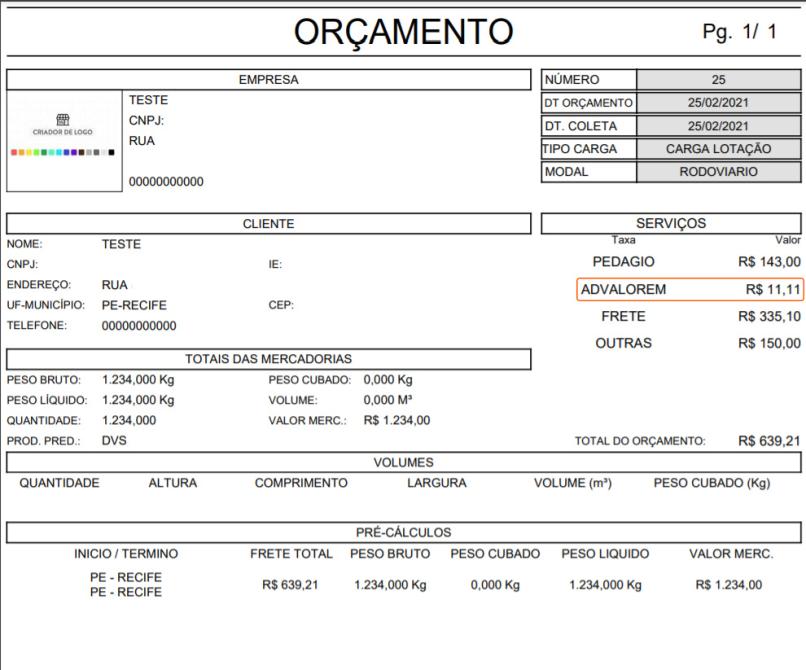 modelo de orçamento com ad valorem