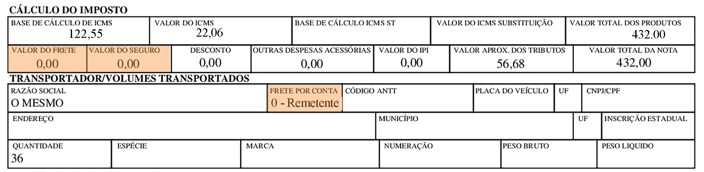 Modelo de DANFE com frete CIF