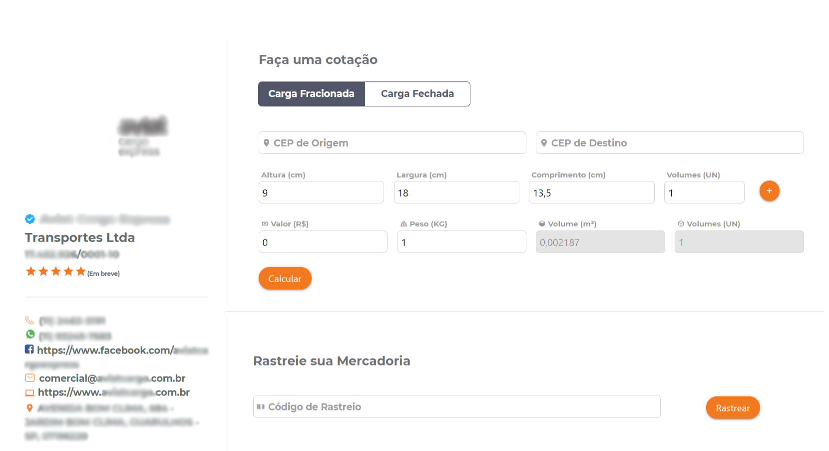 Página da transportadora no Fretelink
